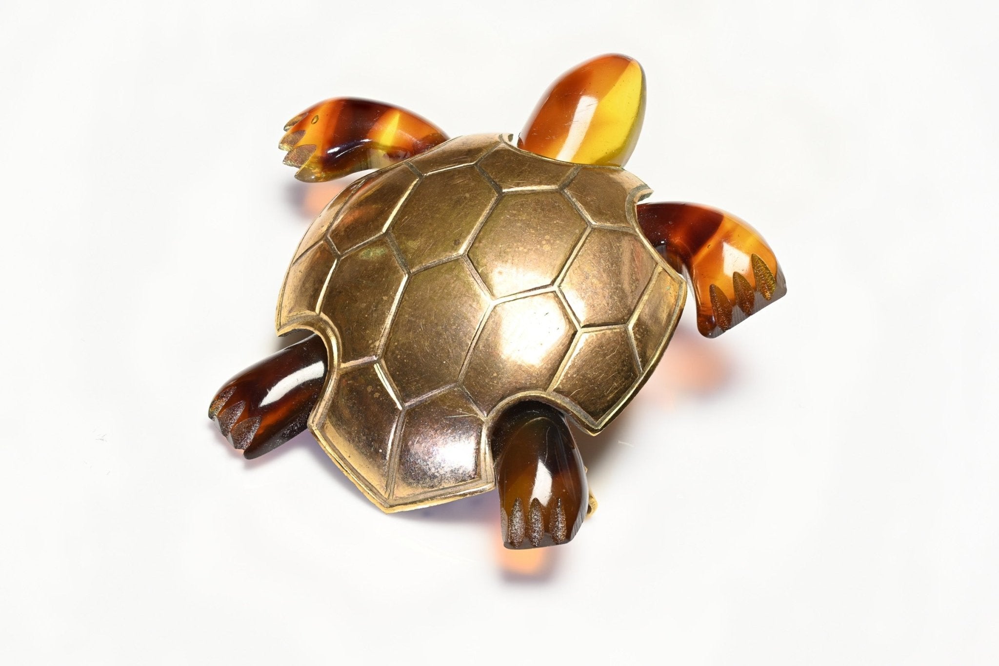 Vintage Brown Lucite Textured Metal Turtle Brooch