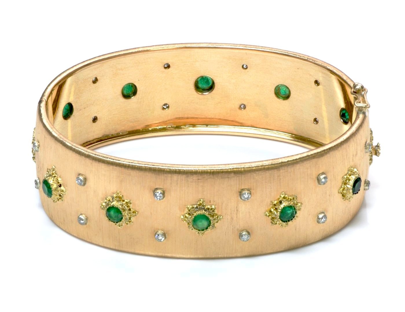 Vintage Buccellati Emerald & Diamond 18K Yellow Gold Macri Bangle Bracelet