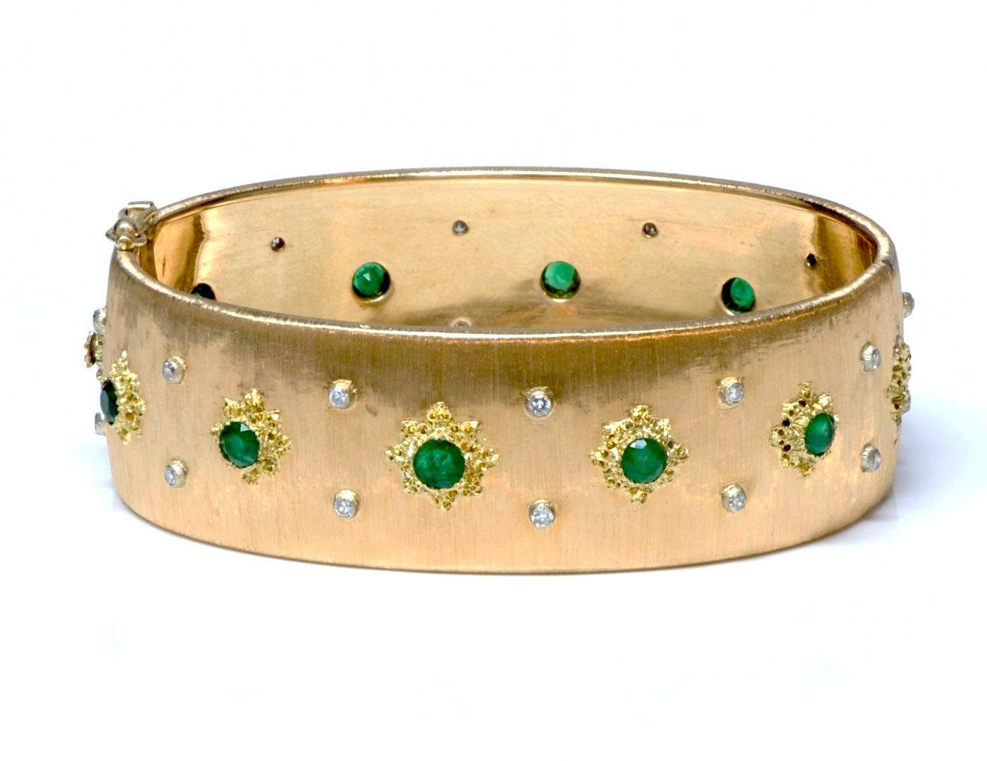 Vintage Buccellati Emerald & Diamond 18K Yellow Gold Macri Bangle Bracelet