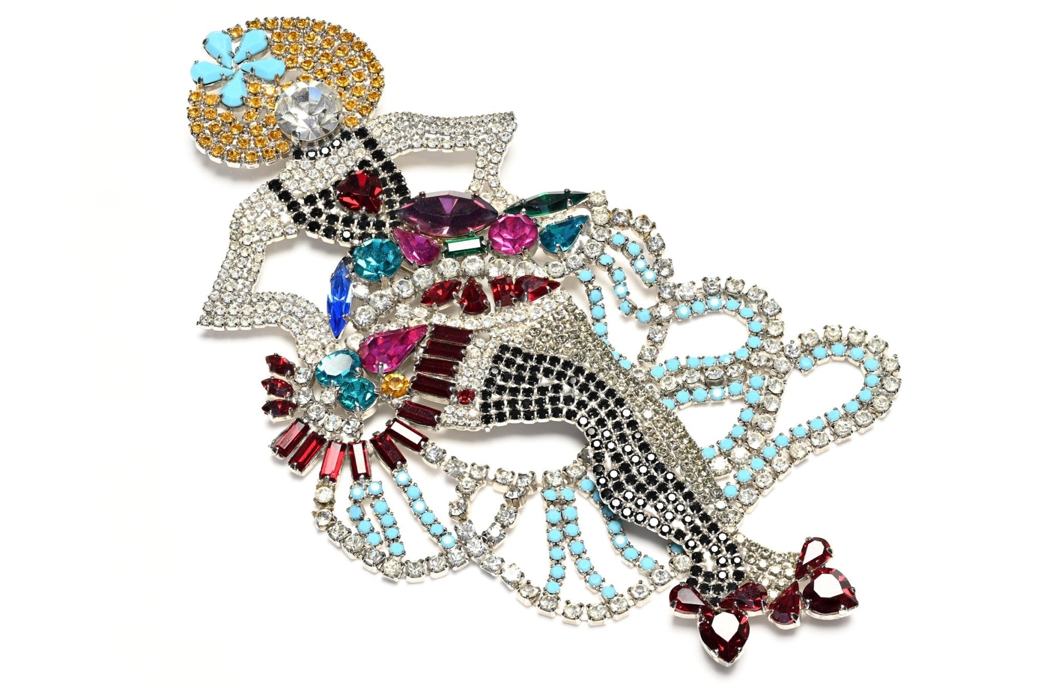 Vintage Butler & Wilson Blue Red Pink Black Crystal Large Can-Can Dancer Brooch