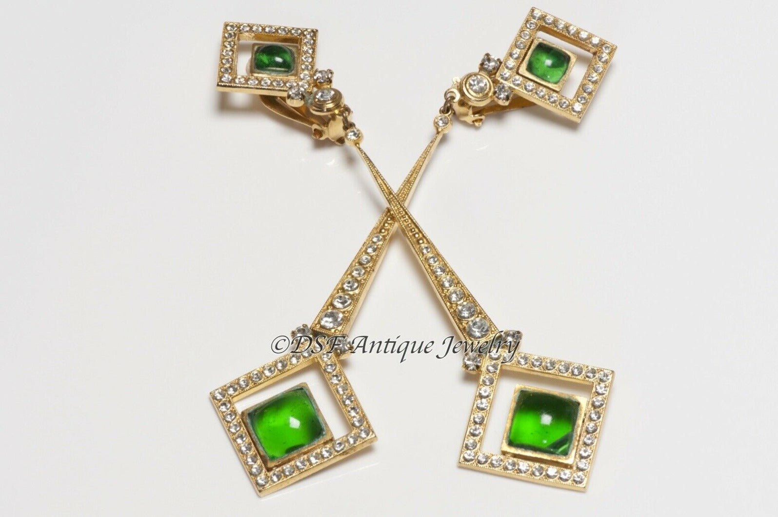 Vintage Butler & Wilson Long Green Poured Glass Crystal Earrings