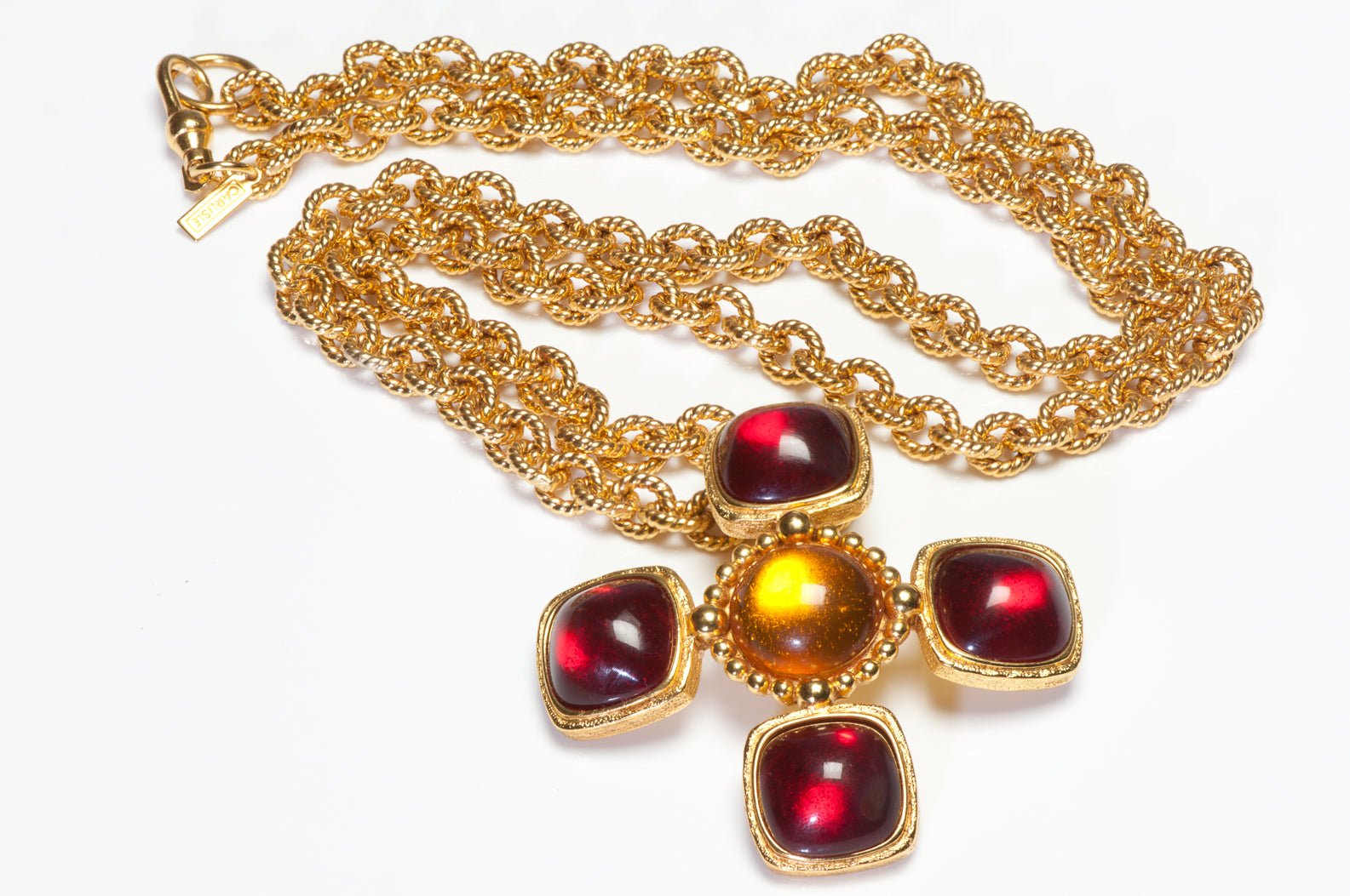 Vintage Carlisle Red Yellow Cabochon Lucite Cross Brooch Pendant Chain Necklace
