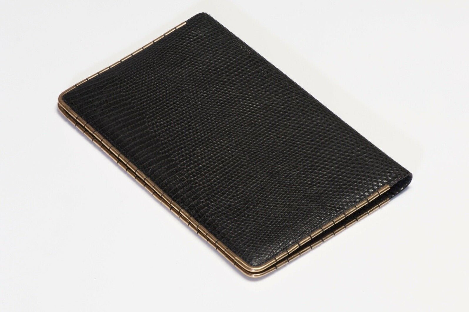 Vintage CARTIER Paris Black Lizard 14k Gold Corners Bifold Wallet