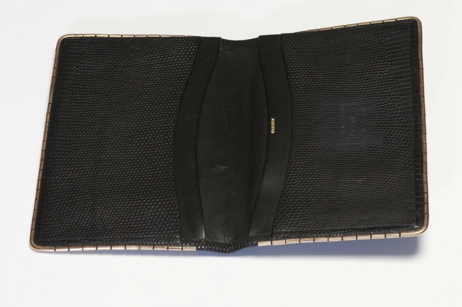 Vintage CARTIER Paris Black Lizard 14k Gold Corners Bifold Wallet