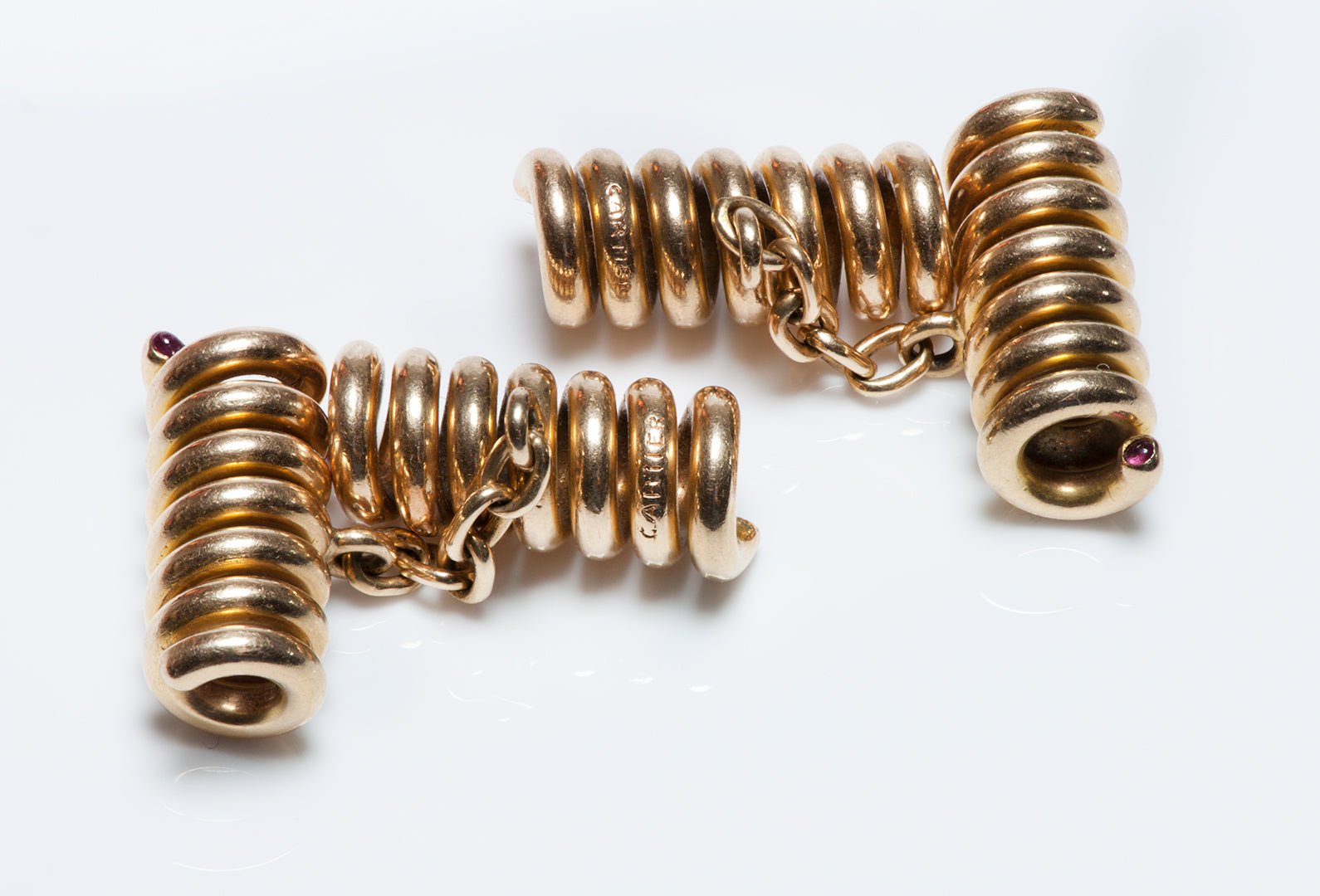 Vintage Cartier Retro 18K Gold Coil & Ruby Cufflinks