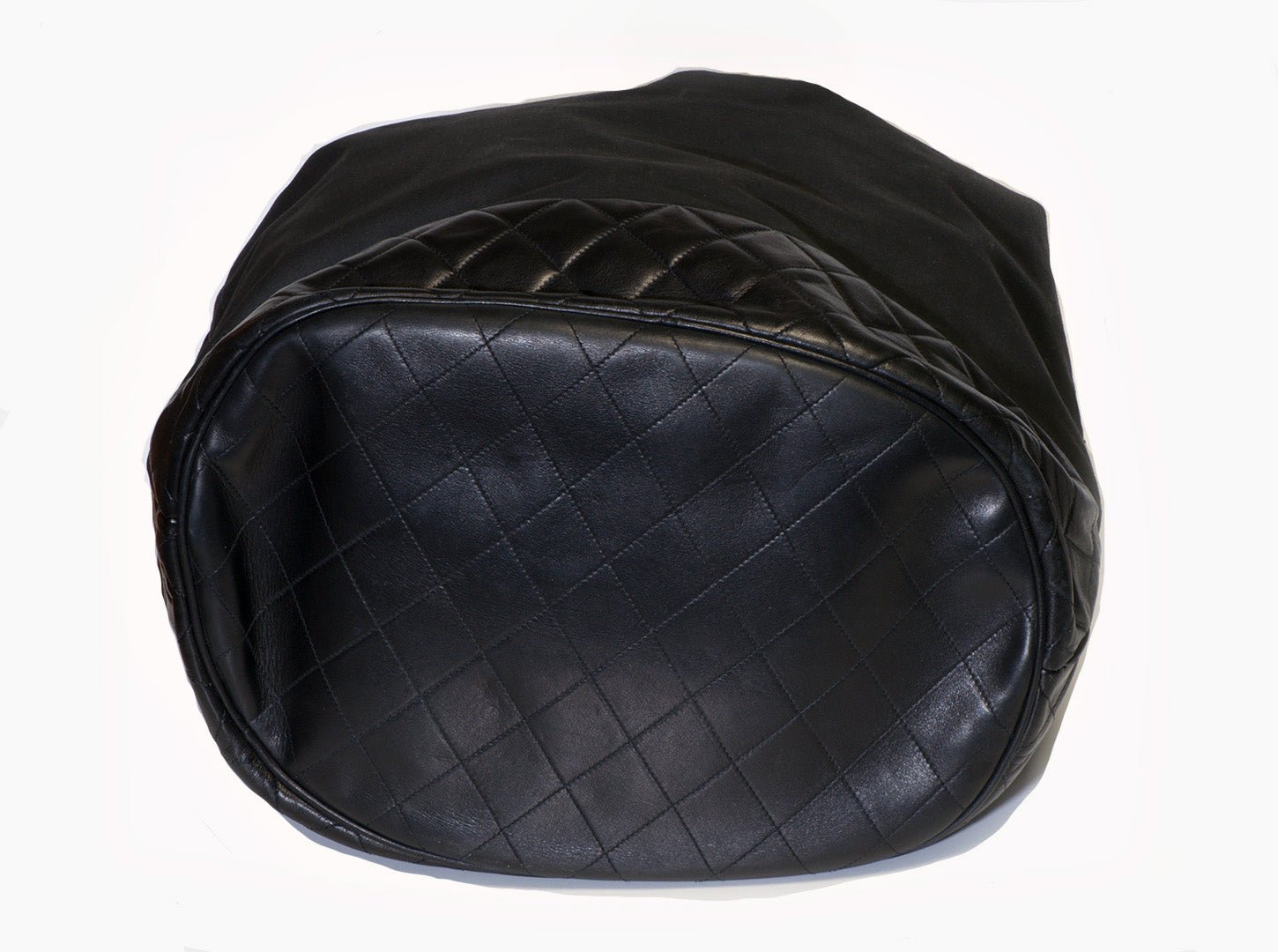 Vintage Chanel CC 1986-88 Black Quilted Leather Canvas Drawstring Bucket Bag