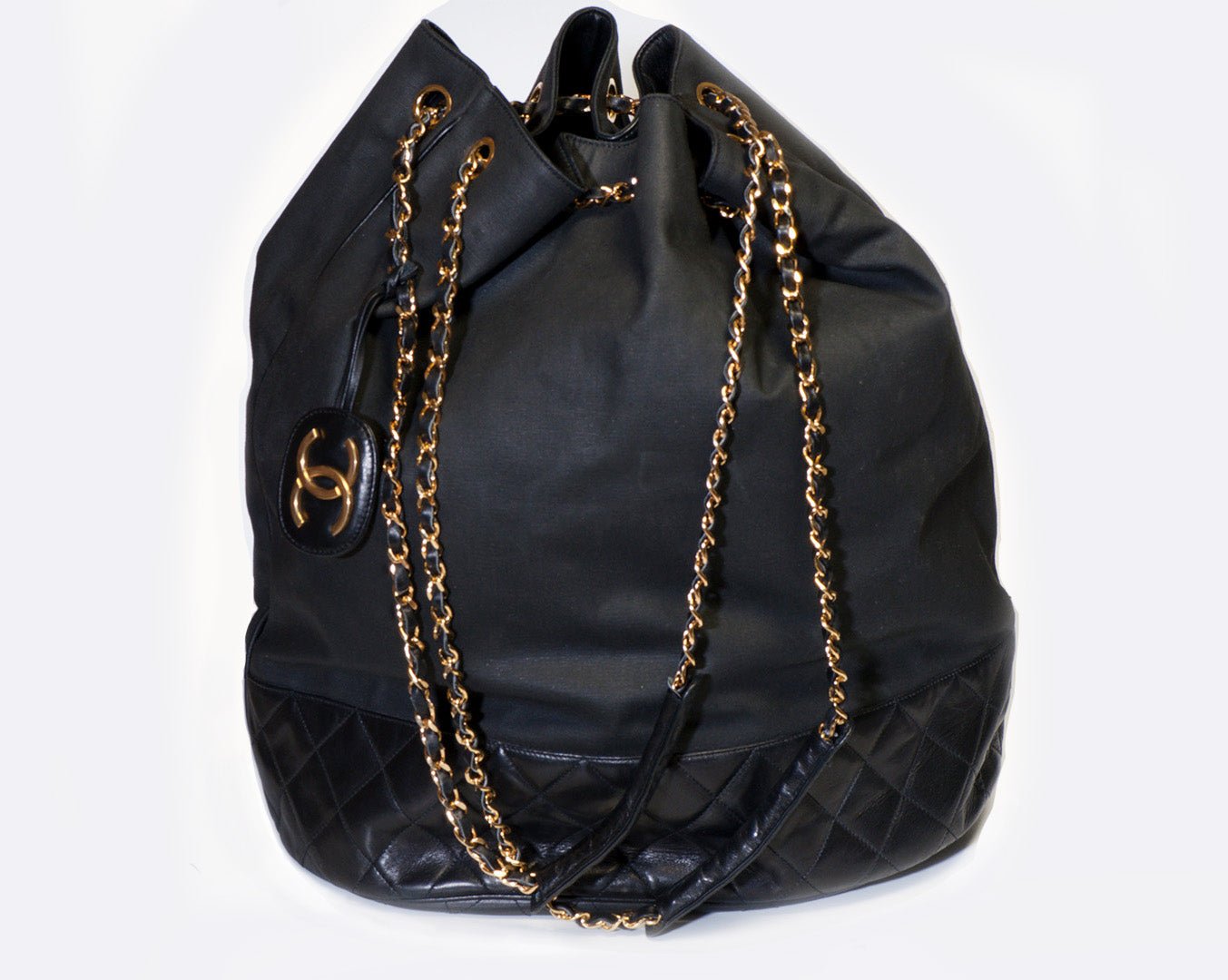 Vintage Chanel CC 1986-88 Black Quilted Leather Canvas Drawstring Bucket Bag