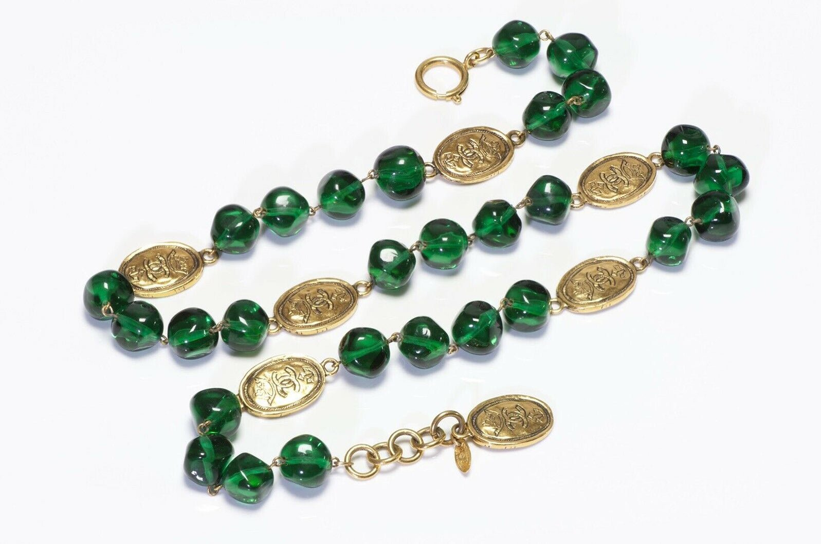 Vintage CHANEL Gripoix Green Glass Beads CC Sautoir Necklace