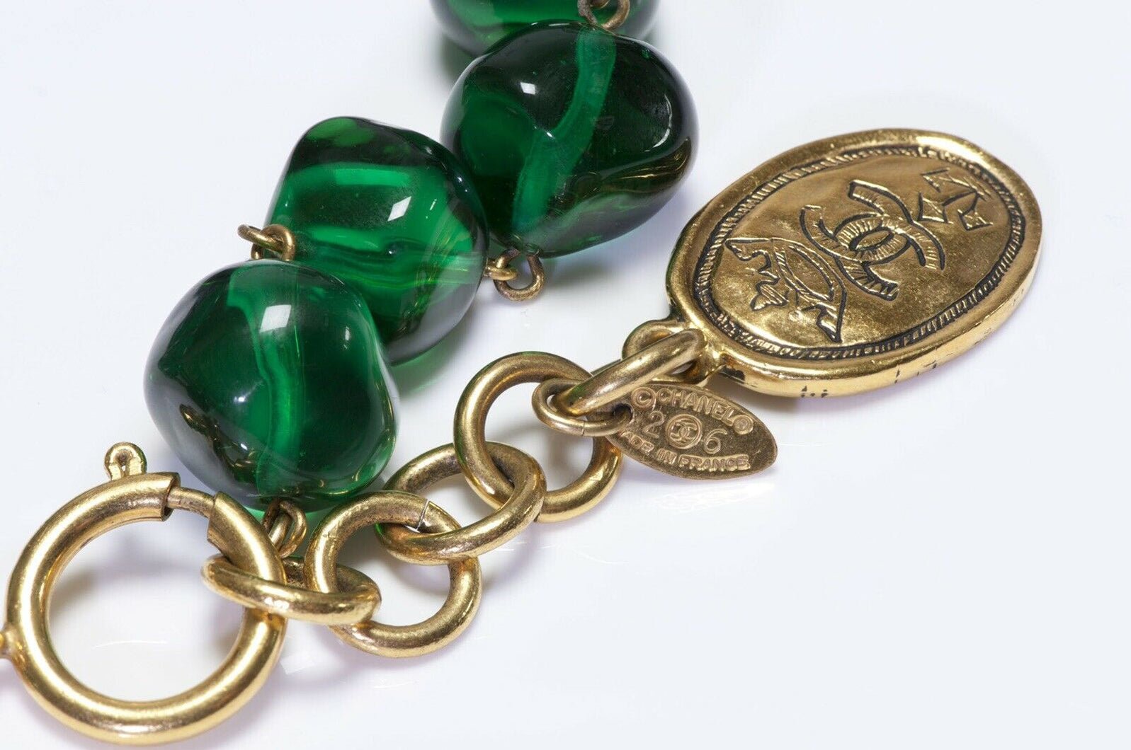 Vintage CHANEL Gripoix Green Glass Beads CC Sautoir Necklace