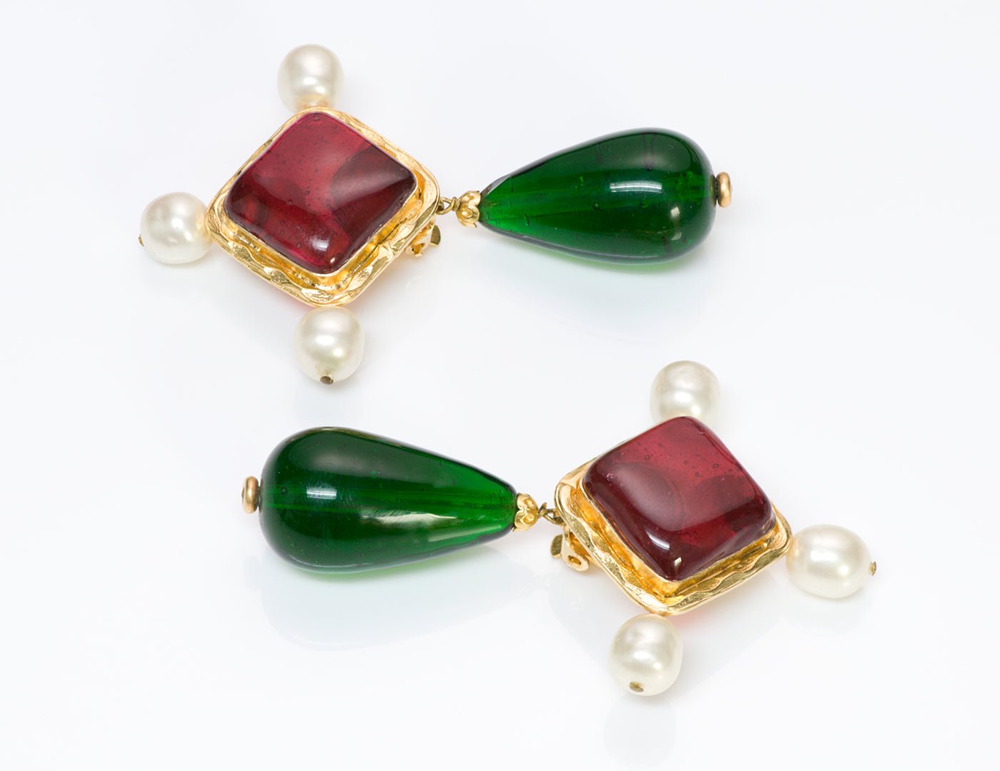 Vintage Chanel Gripoix Green Red Glass Pearl Byzantine Style Earrings