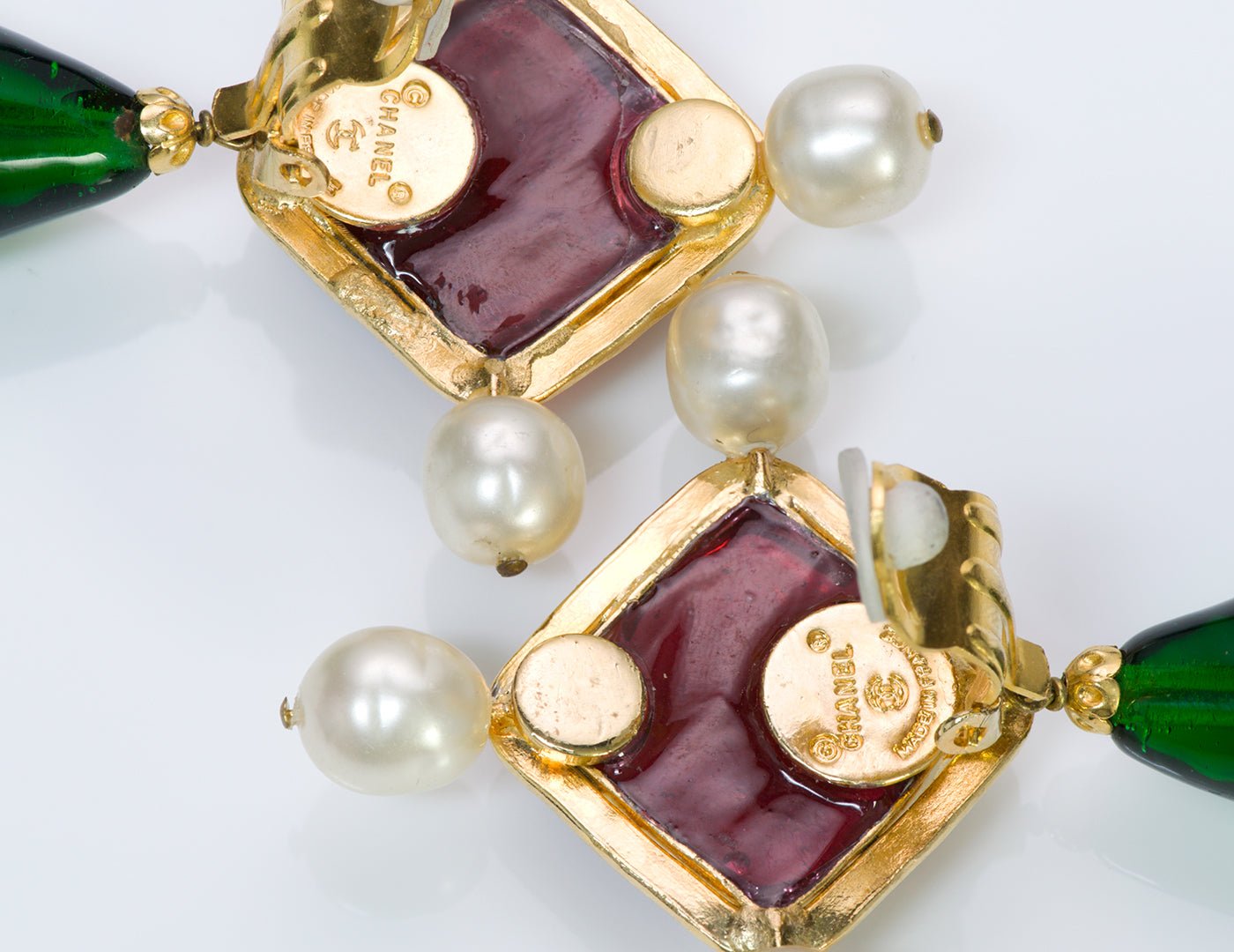 Vintage Chanel Gripoix Green Red Glass Pearl Byzantine Style Earrings