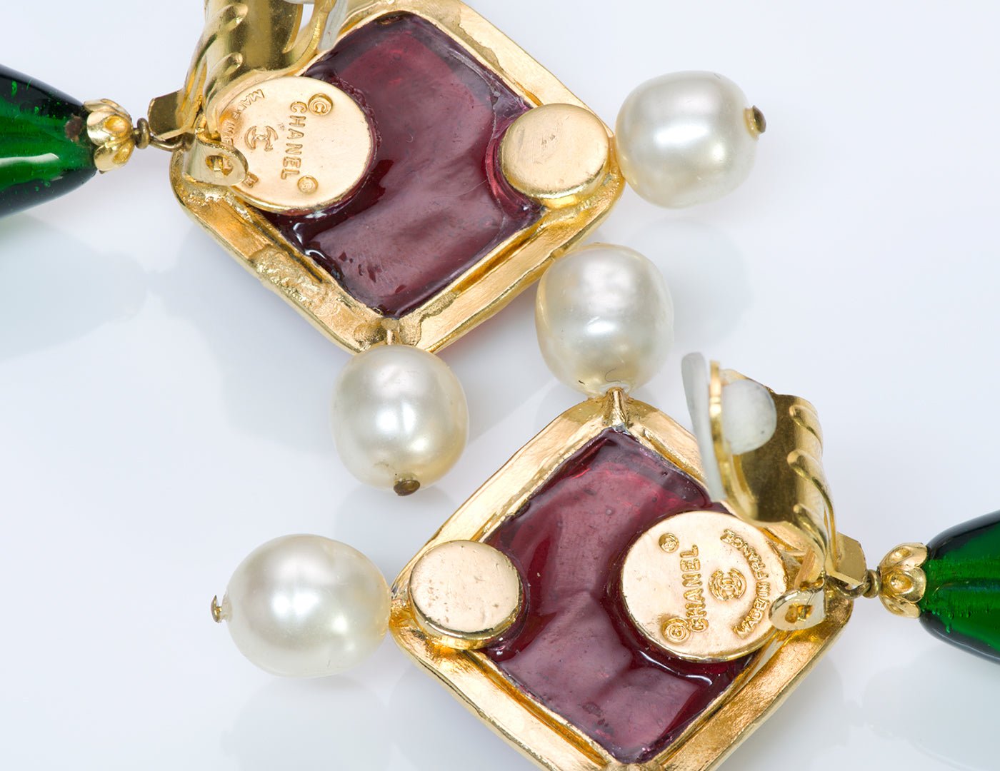 Vintage Chanel Gripoix Green Red Glass Pearl Byzantine Style Earrings