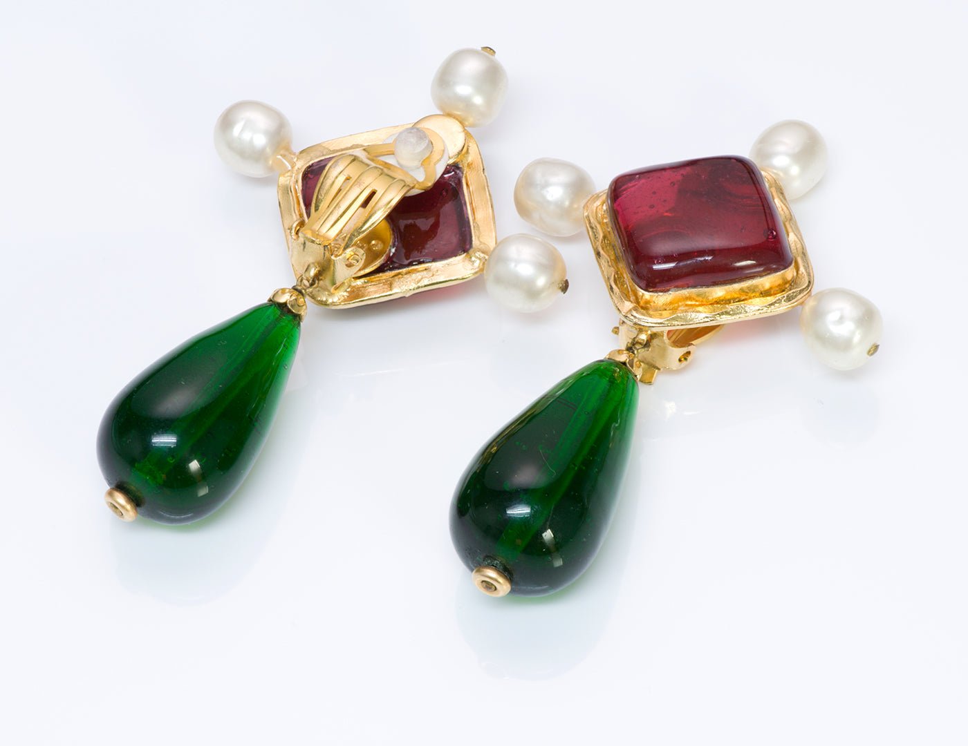 Vintage Chanel Gripoix Green Red Glass Pearl Byzantine Style Earrings