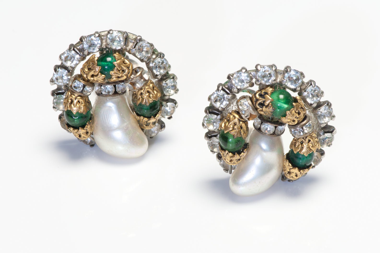 Vintage Chanel Maison Gripoix Green Glass Beads Baroque Style Pearl Earrings