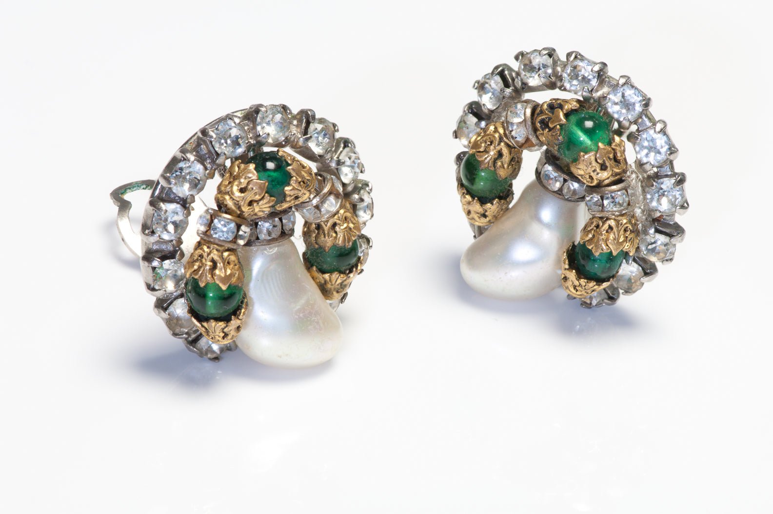 Vintage Chanel Maison Gripoix Green Glass Beads Baroque Style Pearl Earrings