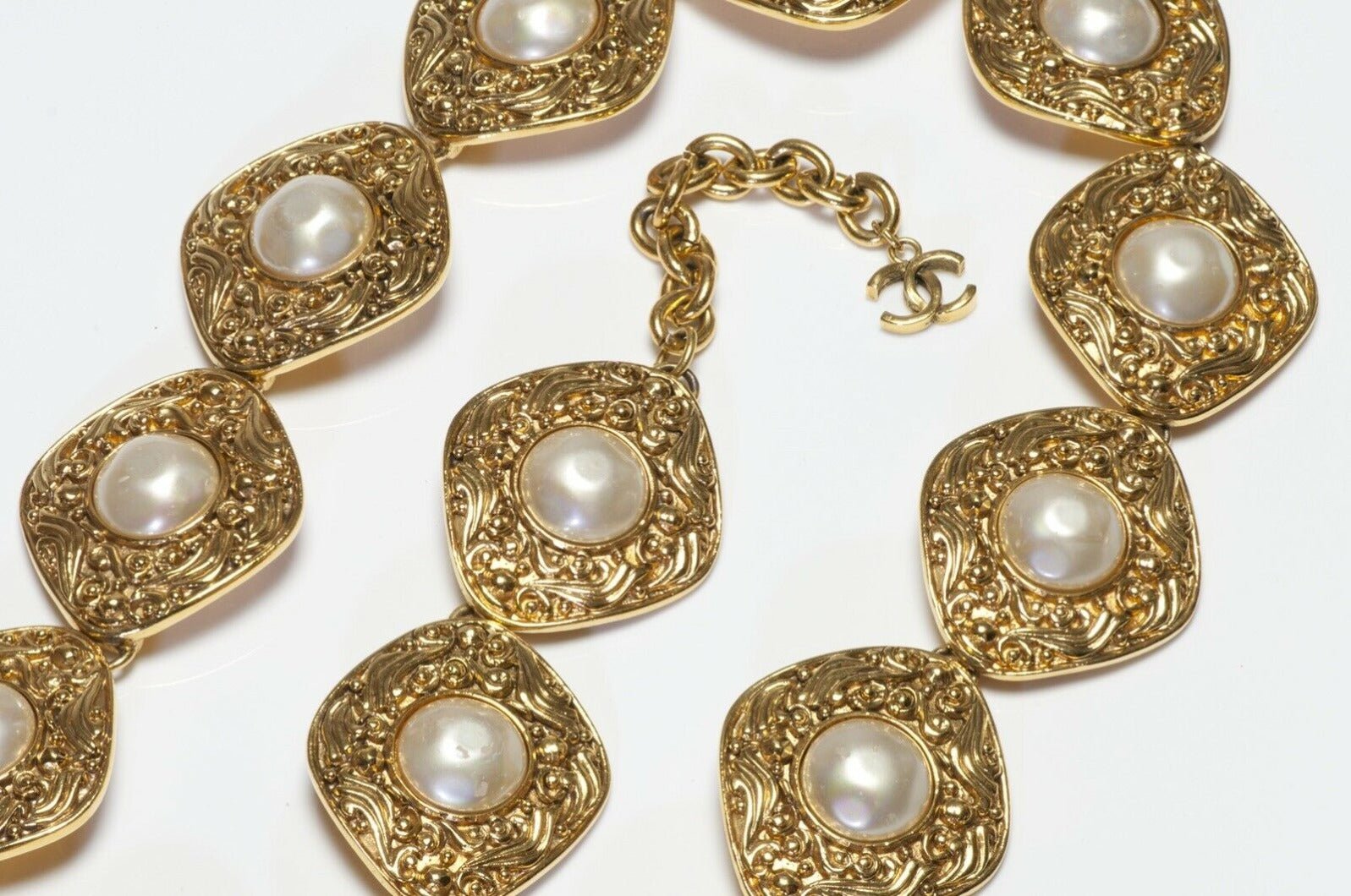 Vintage CHANEL Paris 1980’s CC Byzantine Style Faux Pearl Chain Belt