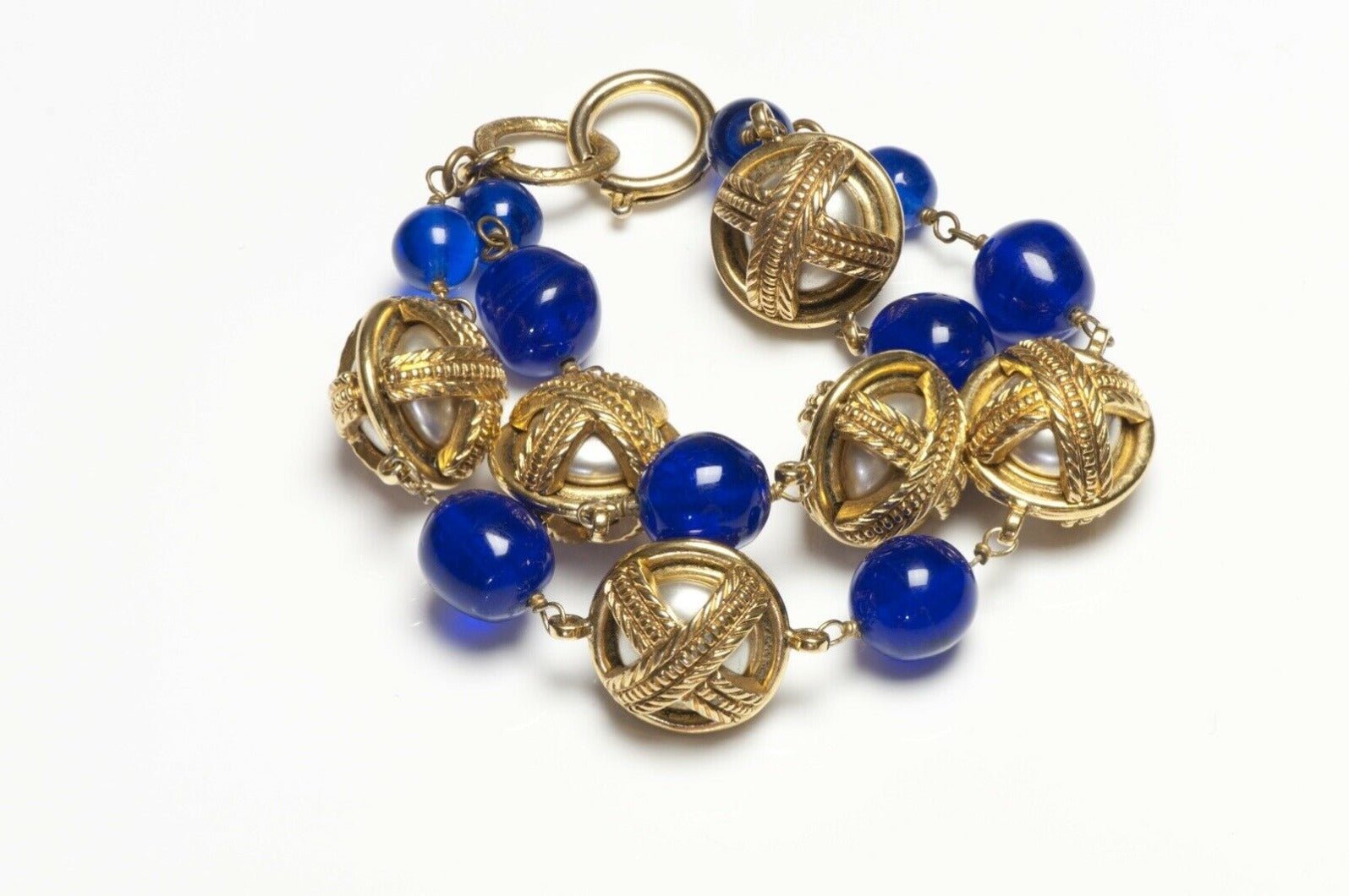 Vintage CHANEL Paris 1980’s Maison Gripoix Blue Glass Pearl Chain Bracelet