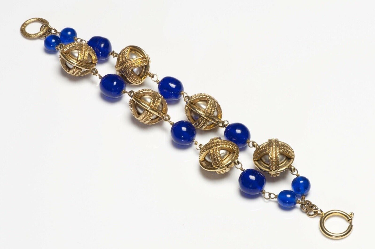 Vintage CHANEL Paris 1980’s Maison Gripoix Blue Glass Pearl Chain Bracelet