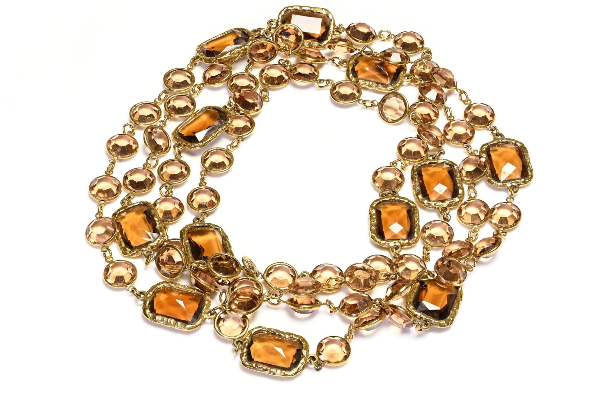 Vintage Chanel Paris 1981 Amber Brown Color Crystal Chiclet Sautoir Necklace
