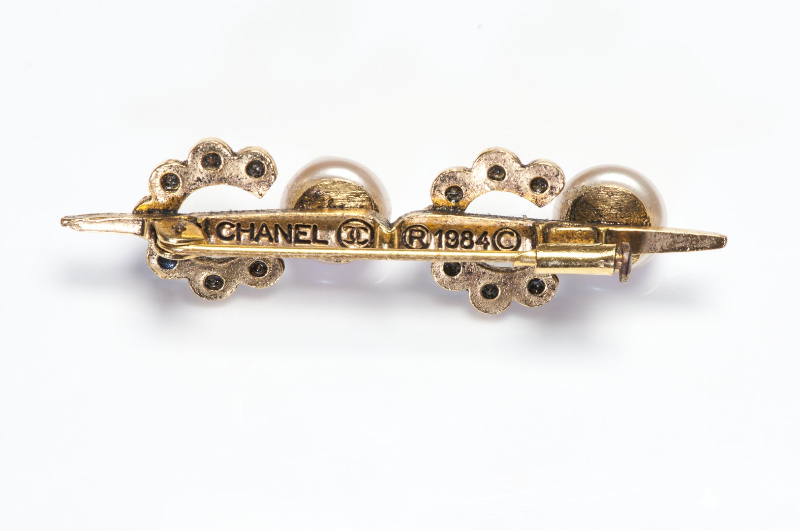 Vintage Chanel Paris 1984 Pearl Crystal Coco Letter Bar Pin Brooch