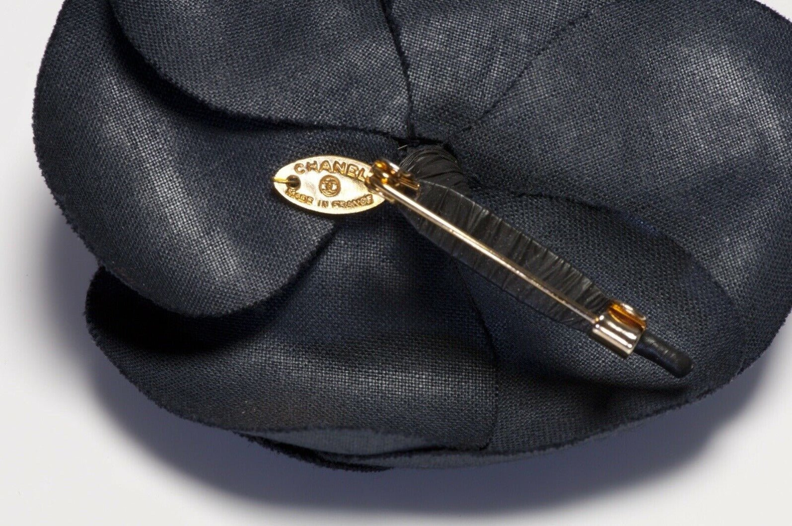 Vintage CHANEL Paris Black Satin Camellia Flower Brooch