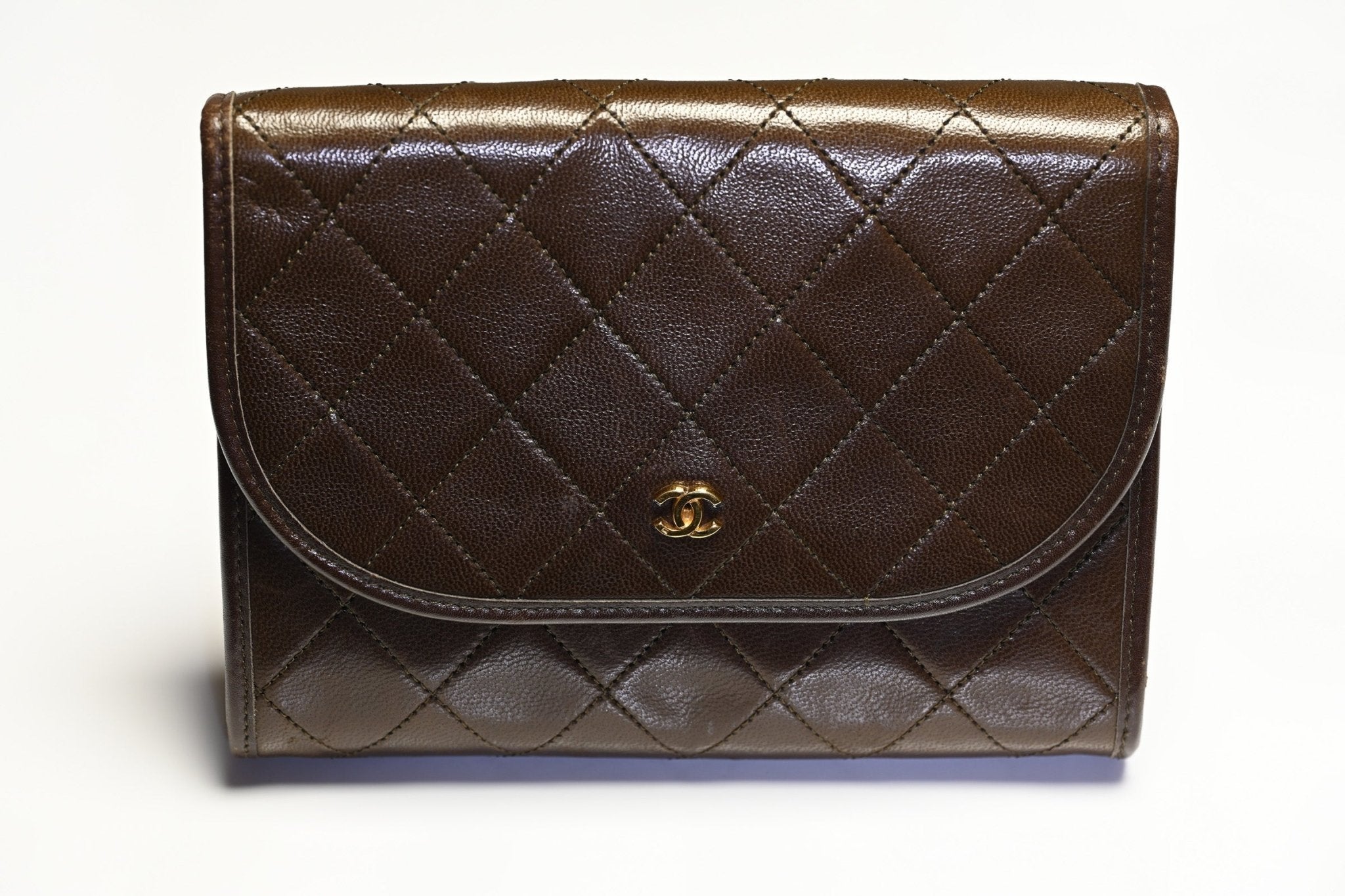 Vintage Chanel Paris Brown Quilted Leather CC Mini Flap Clutch Crossbody Bag