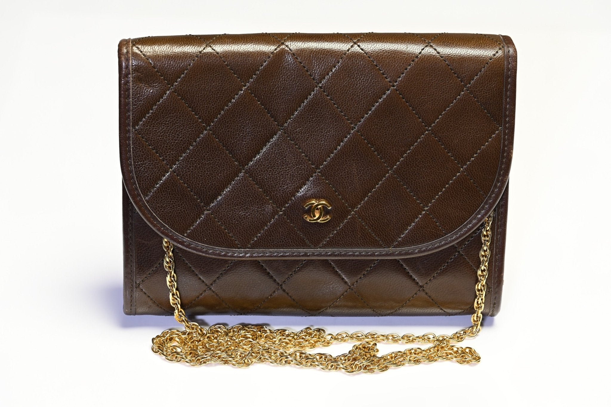 Vintage Chanel Paris Brown Quilted Leather CC Mini Flap Clutch Crossbody Bag