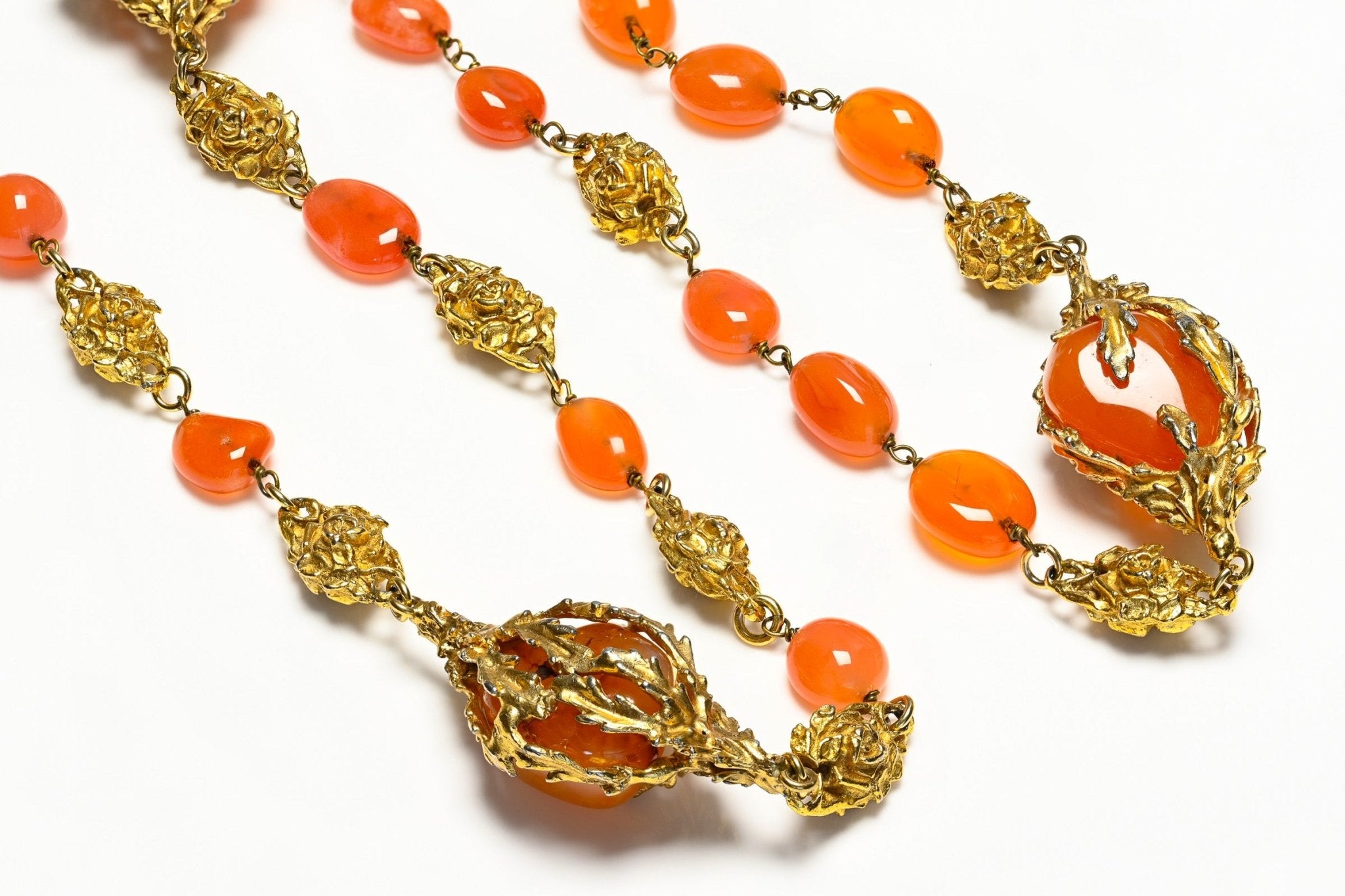 Vintage Chanel Paris by Goossens Carnelian Beads Camellia Flower Sautoir Necklace