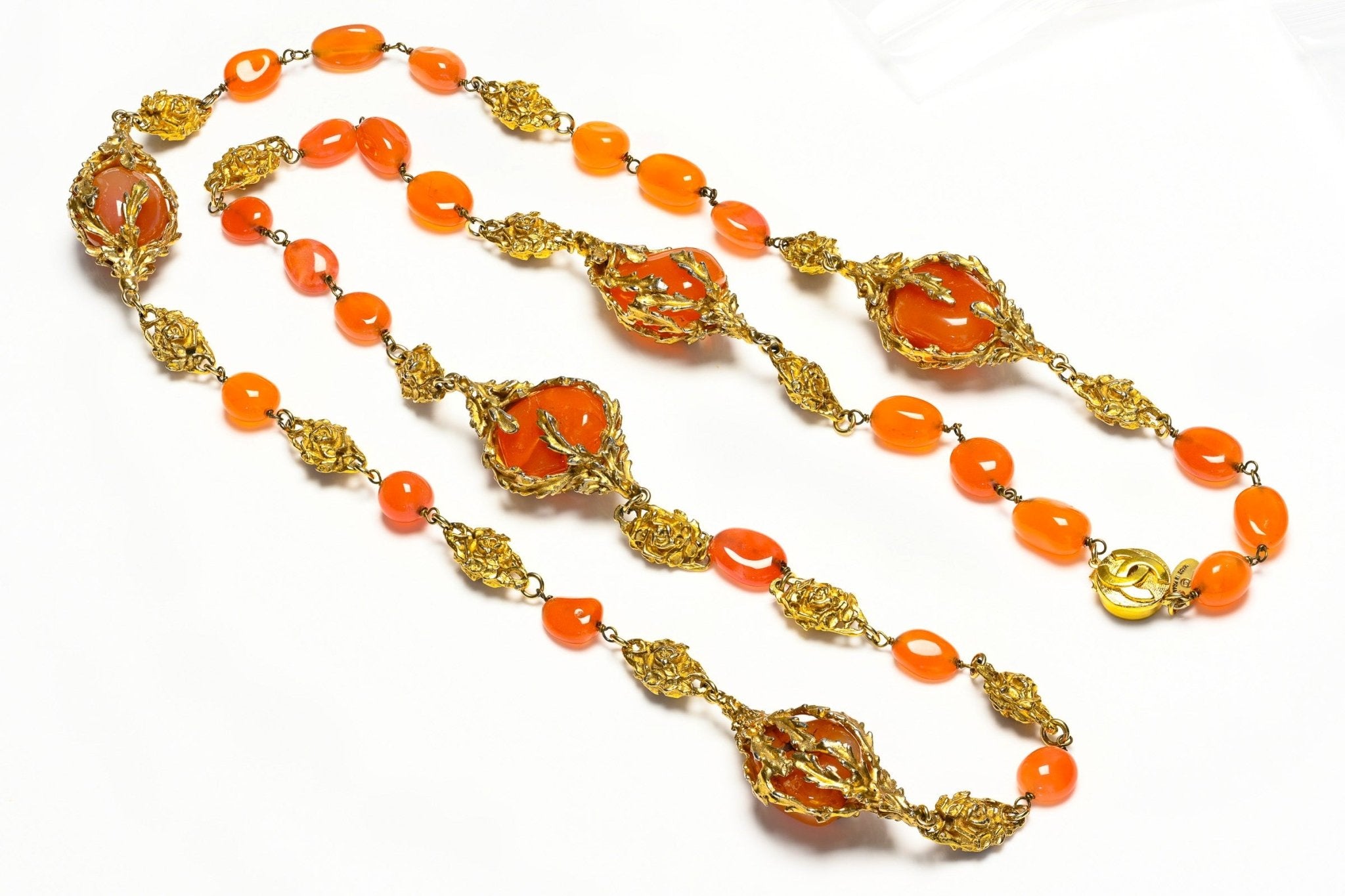 Vintage Chanel Paris by Goossens Carnelian Beads Camellia Flower Sautoir Necklace