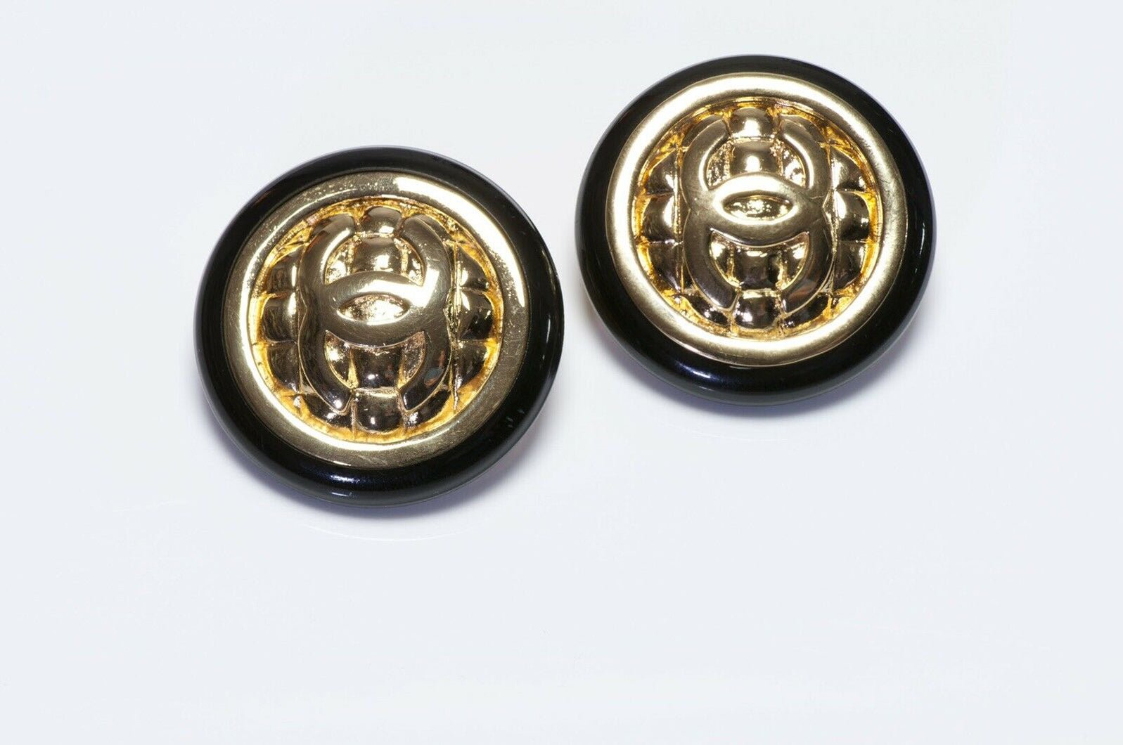 Vintage CHANEL Paris CC Quilted Black Earrings