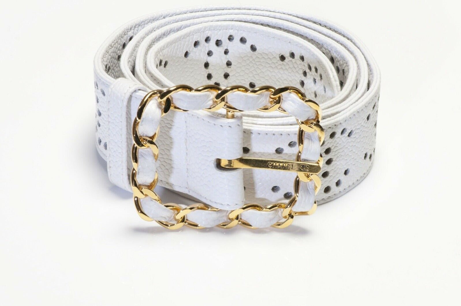 Vintage CHANEL Paris CC White Perforated Leather Women’s Belt