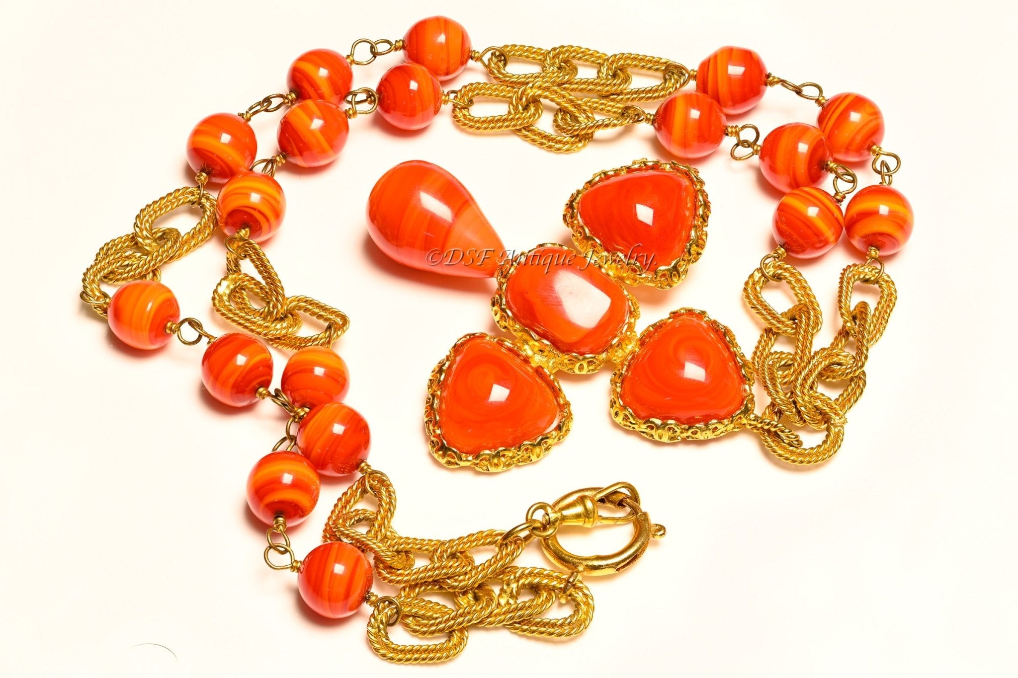Vintage Chanel Paris Maison Gripoix Orange Red Glass Collection 28 Cross Necklace