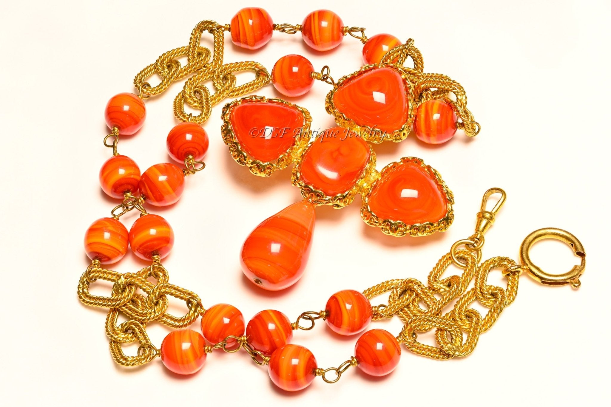 Vintage Chanel Paris Maison Gripoix Orange Red Glass Collection 28 Cross Necklace