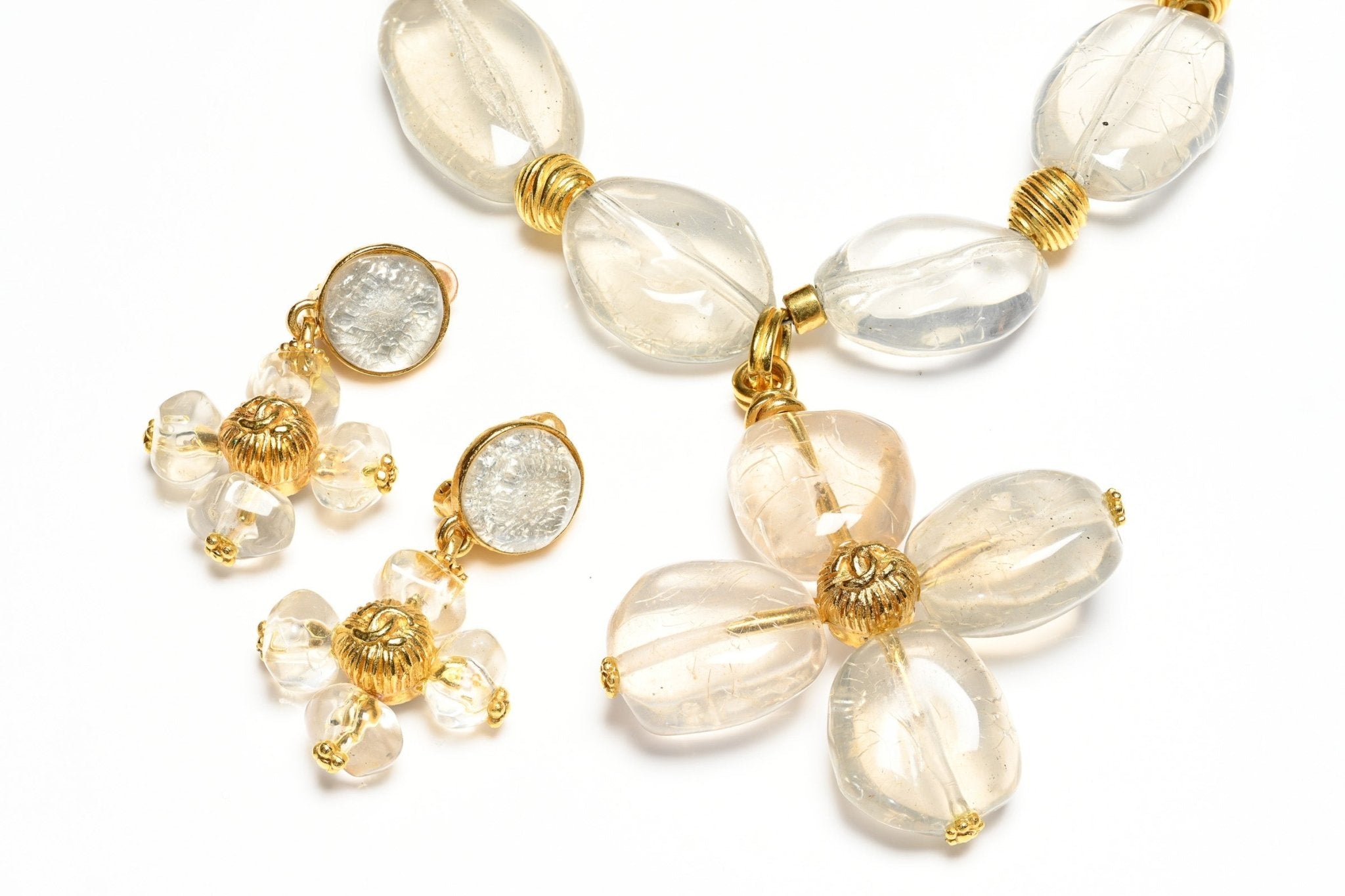 Vintage Chanel Paris Spring 1999 CC Clear Resin Beads Cross Necklace Earrings Set