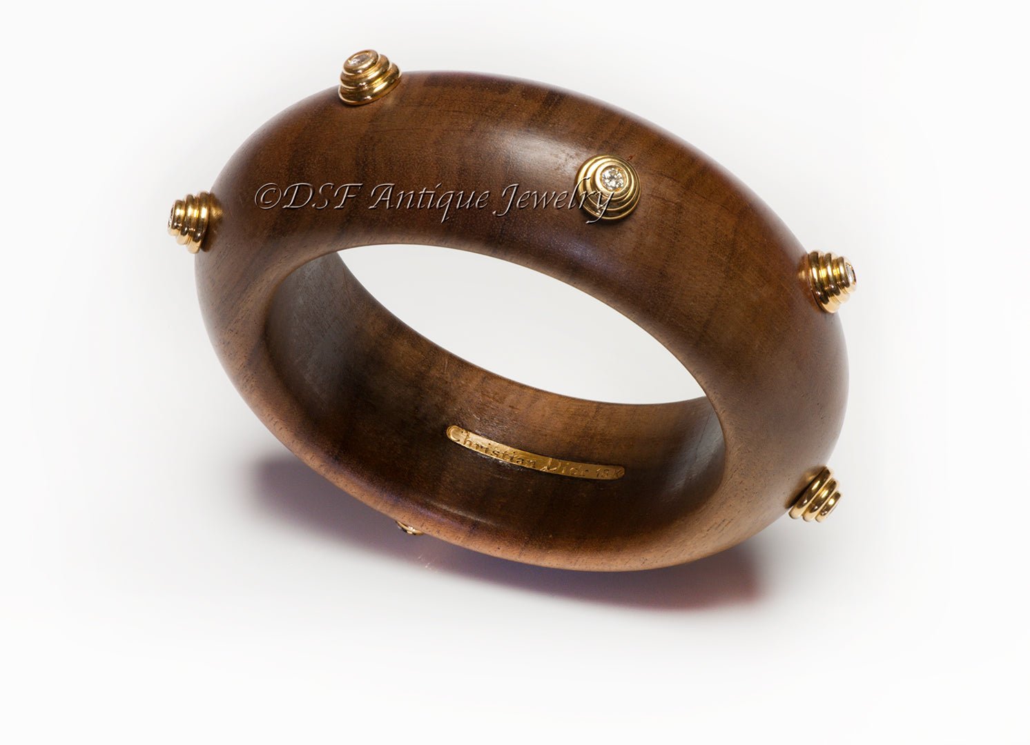 Vintage Christian Dior 18K Gold Diamond Wood Bangle Bracelet