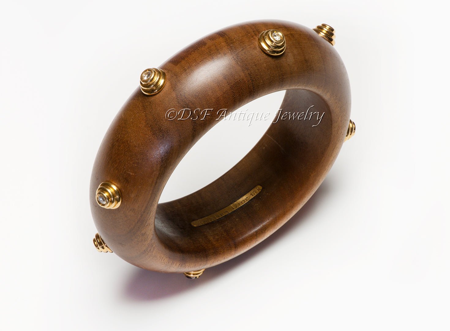 Vintage Christian Dior 18K Gold Diamond Wood Bangle Bracelet
