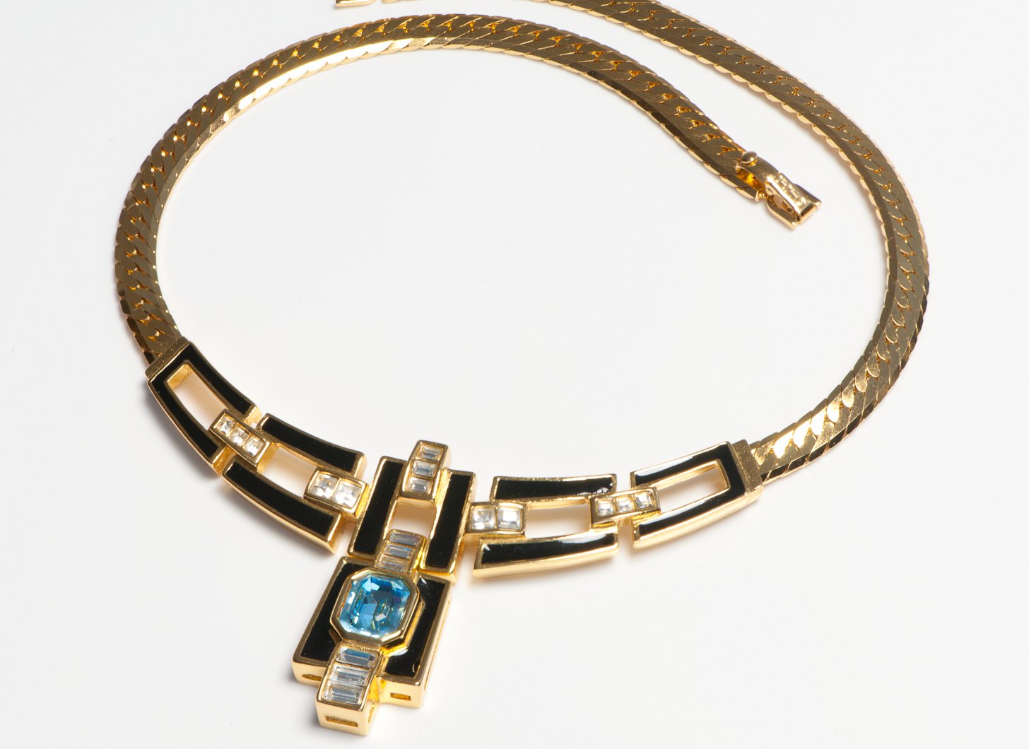 Vintage Christian Dior Black Enamel Blue Crystal Collar Necklace