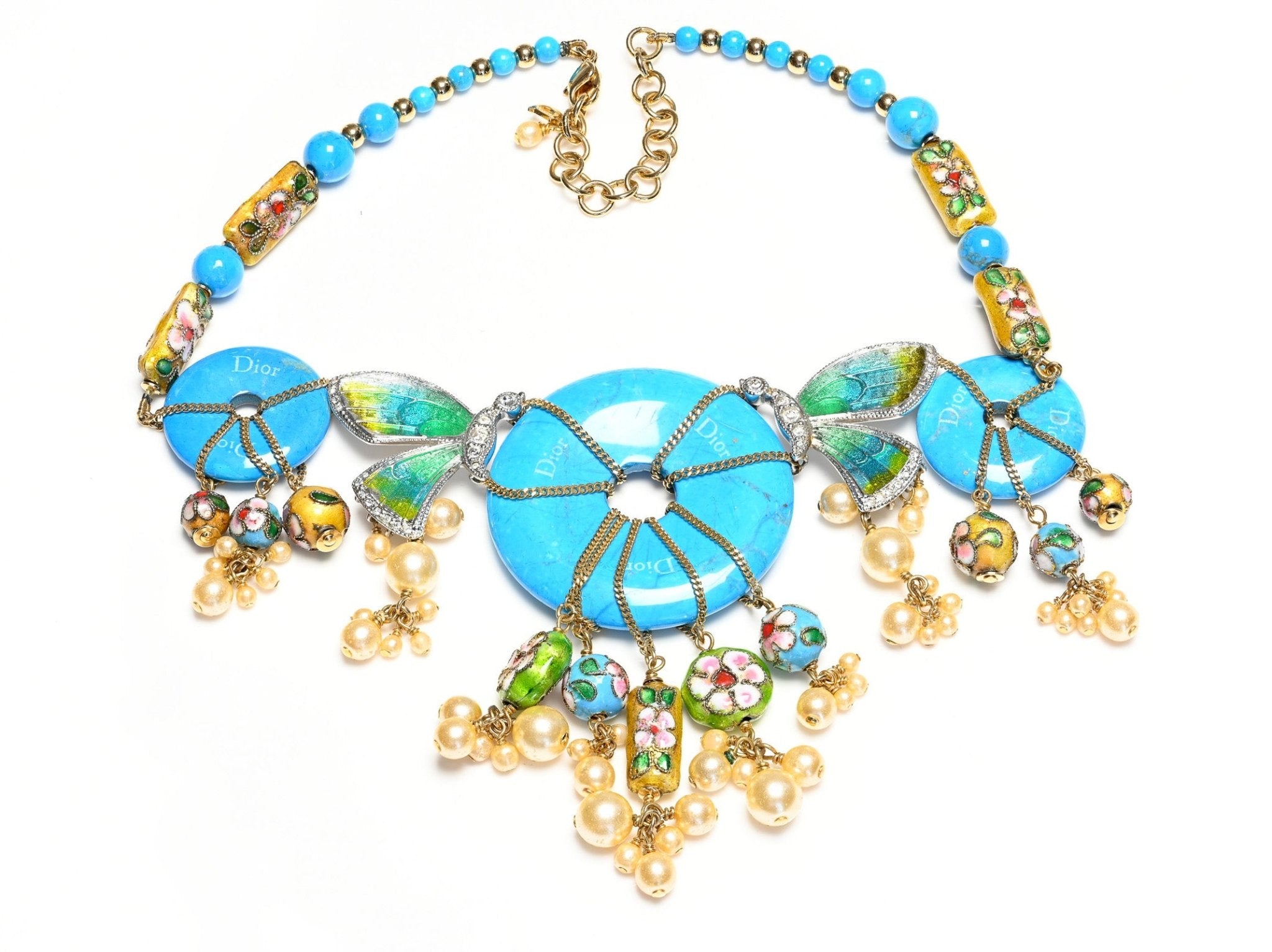 Vintage Christian Dior Galliano Tonkidior 2006 Turquoise Beads Enamel Butterfly Necklace