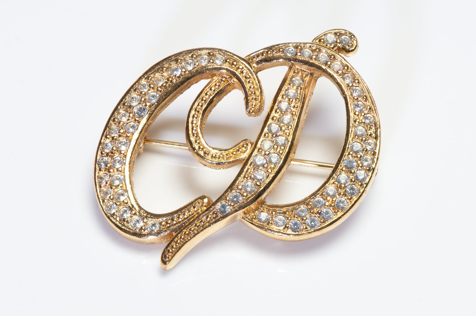 Vintage Christian Dior Gold Plated Crystal Logo Brooch