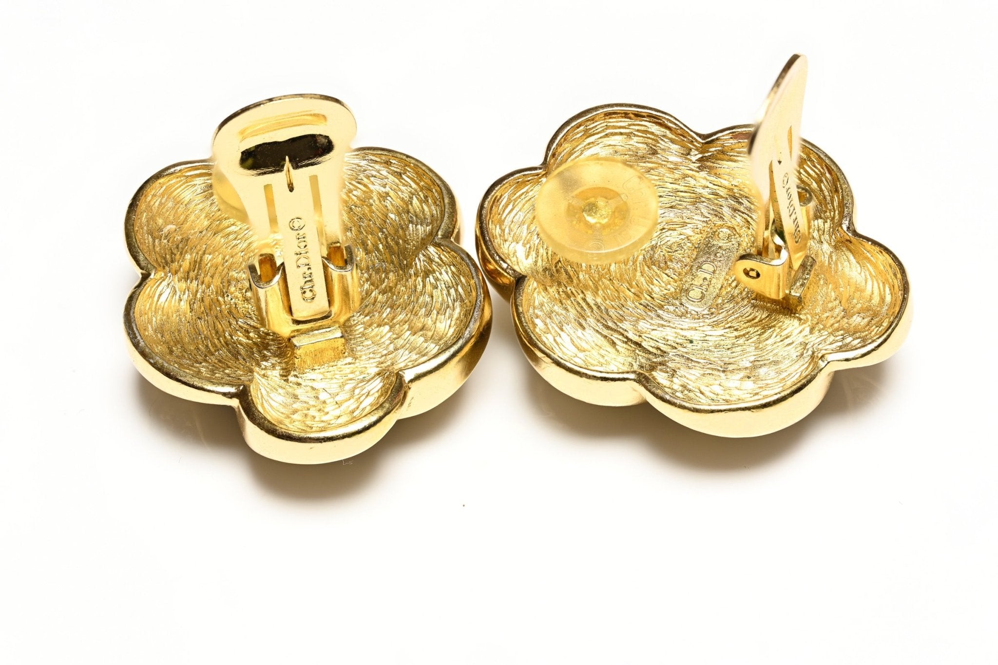 Vintage Christian Dior Gold Plated Large Black Cabochon Crystal Flower Earrings