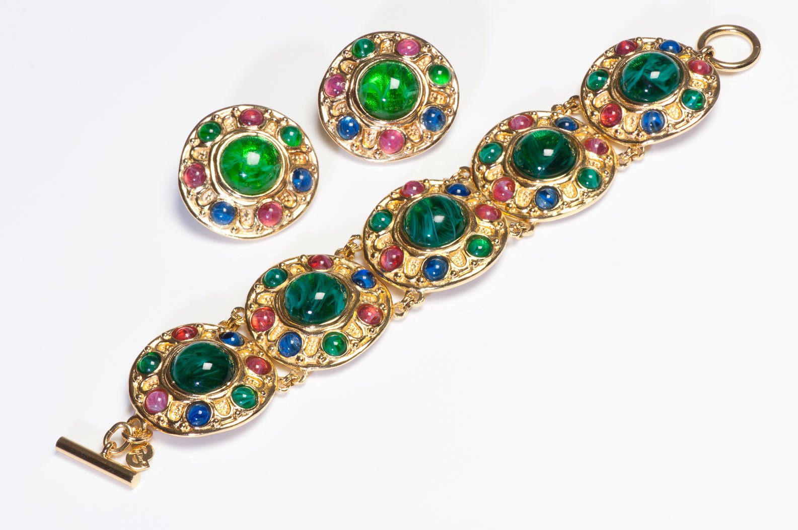 Vintage Christian Dior Green Blue Pink Cabochon Glass Earrings Bracelet Set