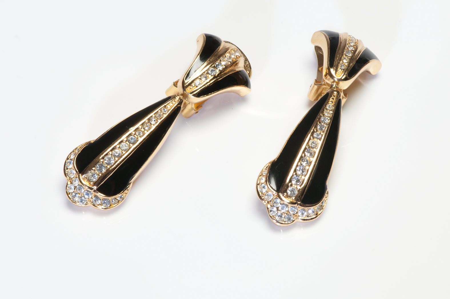 Vintage Christian Dior Long Gold Plated Black Enamel Crystal Earrings