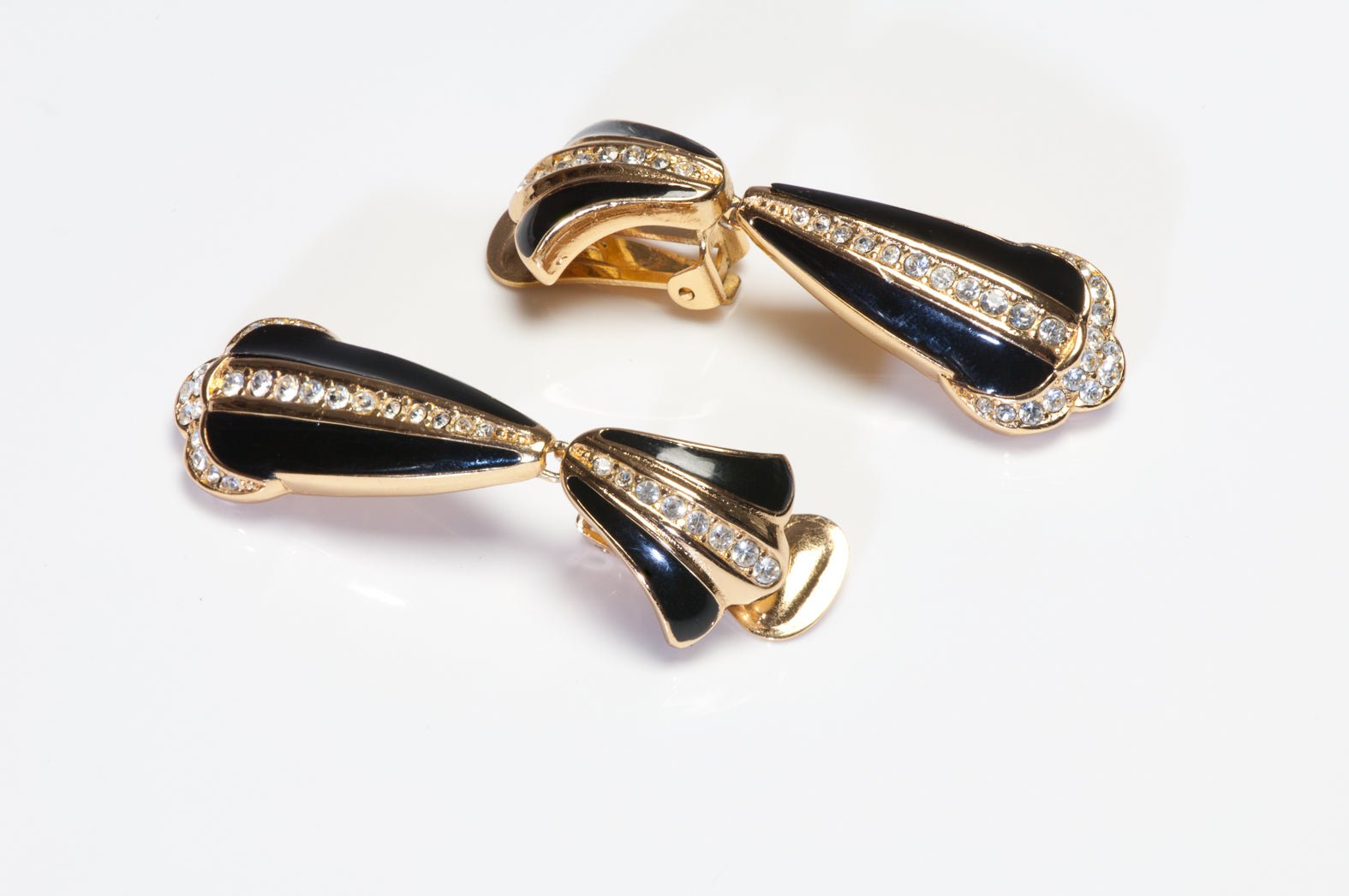 Vintage Christian Dior Long Gold Plated Black Enamel Crystal Earrings