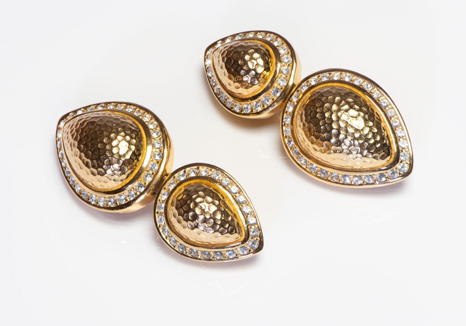 Vintage Christian Dior Long Gold Plated Hammered Crystal Earrings