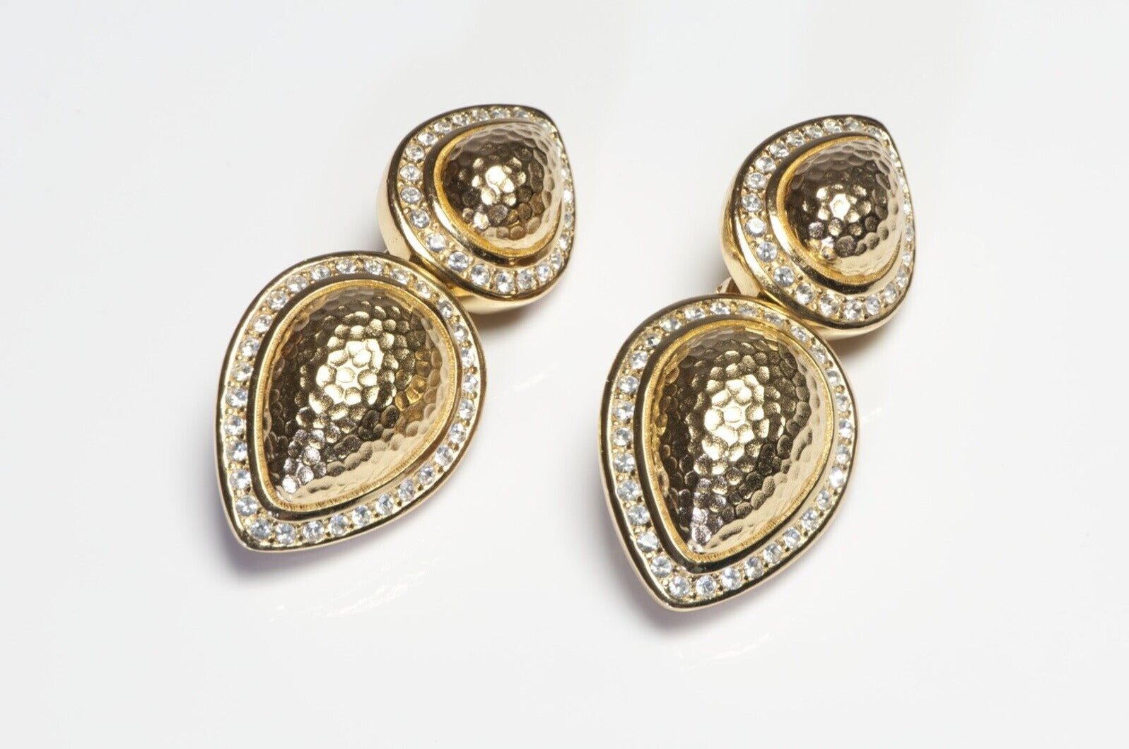 Vintage Christian Dior Long Gold Plated Hammered Crystal Earrings