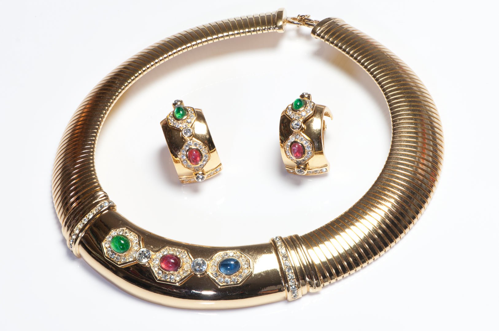 Vintage Christian Dior Mughal Style Blue Red Green Glass Earrings Necklace Set
