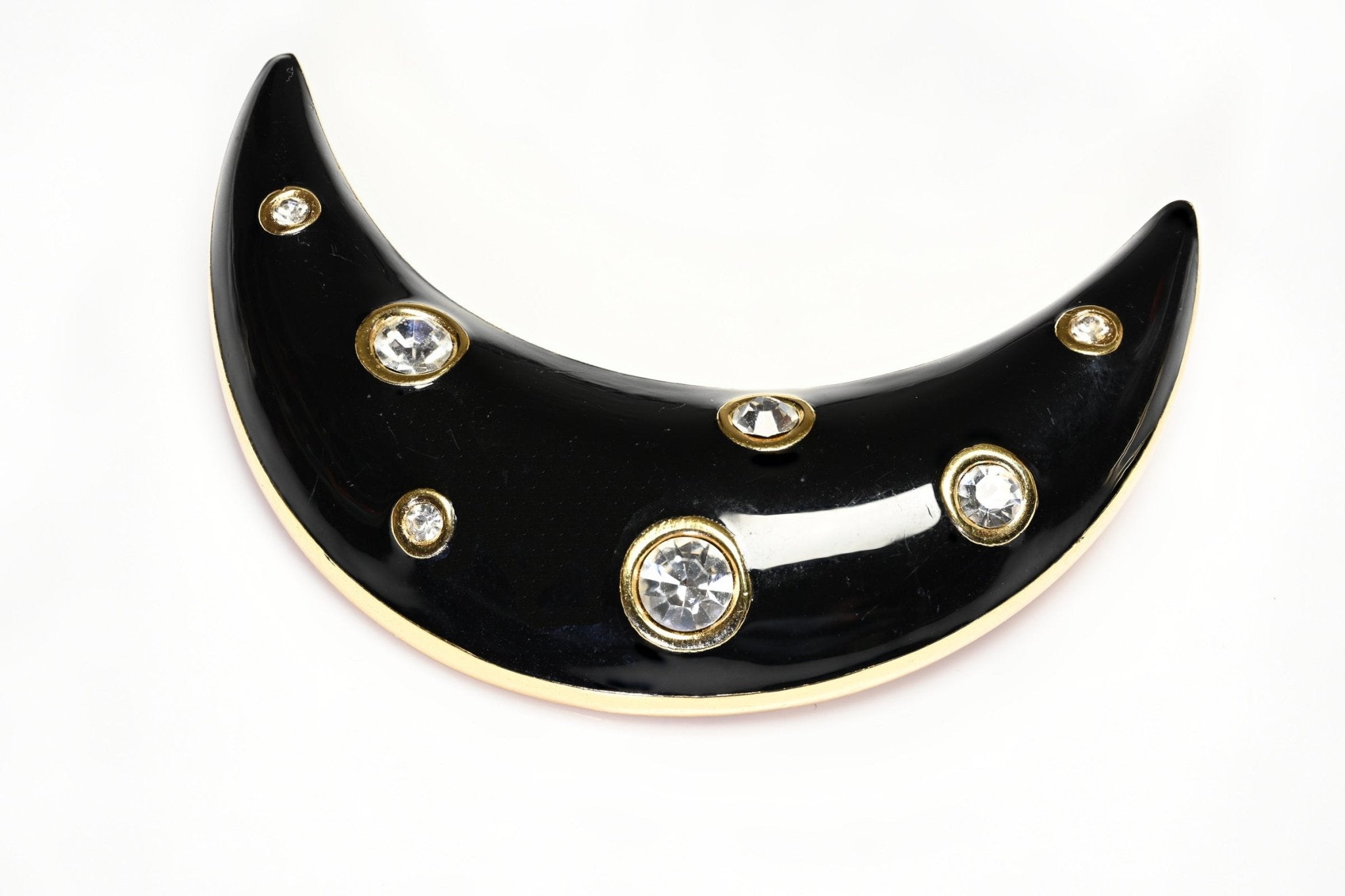 Vintage Christian Dior Paris Black Enamel Crystal Crescent Moon Brooch