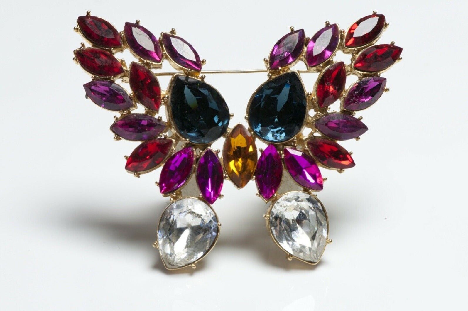 Vintage Christian Dior Paris Boutique Red Pink Blue Crystal Butterfly Brooch