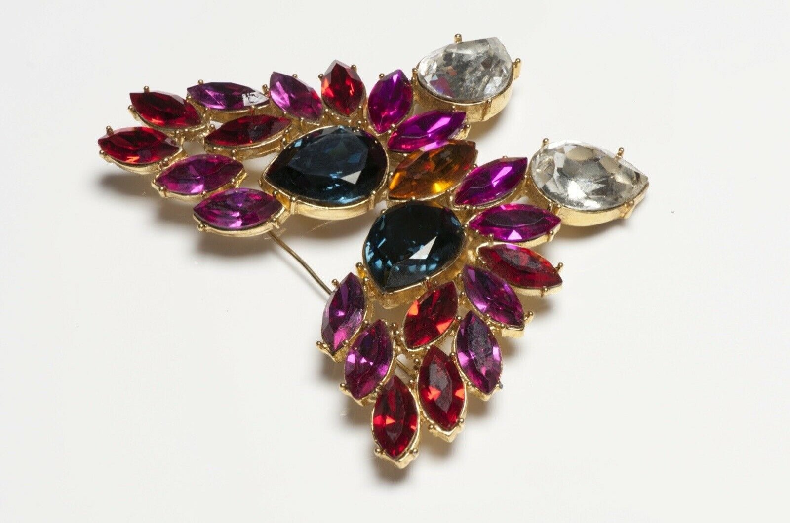 Vintage Christian Dior Paris Boutique Red Pink Blue Crystal Butterfly Brooch
