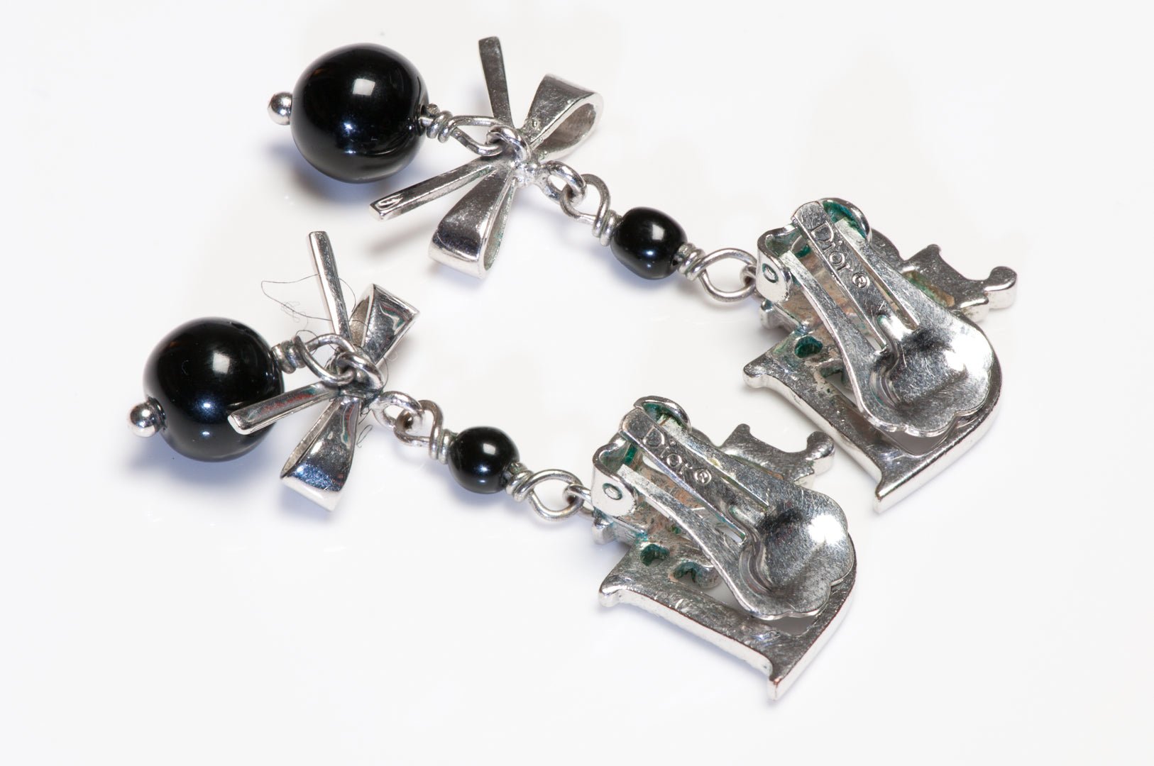 Vintage Christian Dior Paris Galliano Logo Bow Crystal Black Bead Earrings